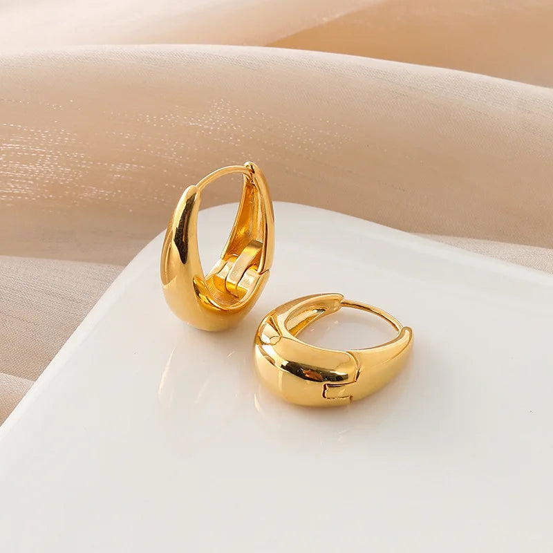 Elegant Gold Alloy Teardrop Hoop Huggie Stud & Clip On No Piercing Minimalist Commuter Gift Earrings