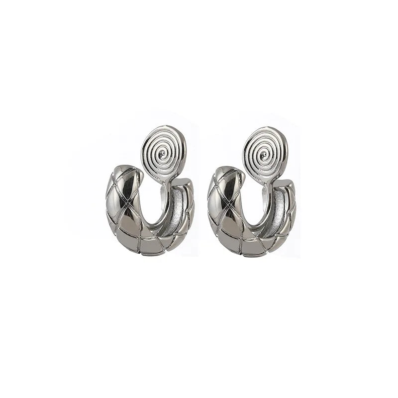 Elegant Silver Alloy Quilted Huggie Hoop Stud & Clip On No Piercing Minimalist Ear Cuff Earrings