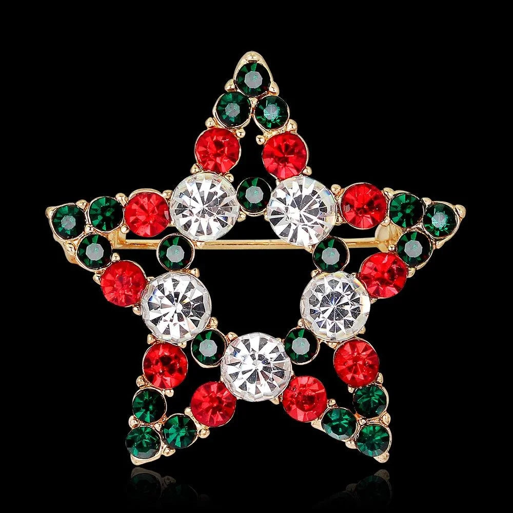Elegant Christmas Star Rhinestone Alloy Brooch With Red Green Crystals, Festive Lapel Pin Corsage Gift