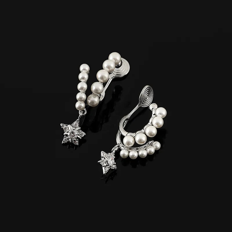 Elegant Pearl Meteor Star Drop Stud & Clip On No Piercing Alloy Rhinestone Spiral Ear Cuff Earrings