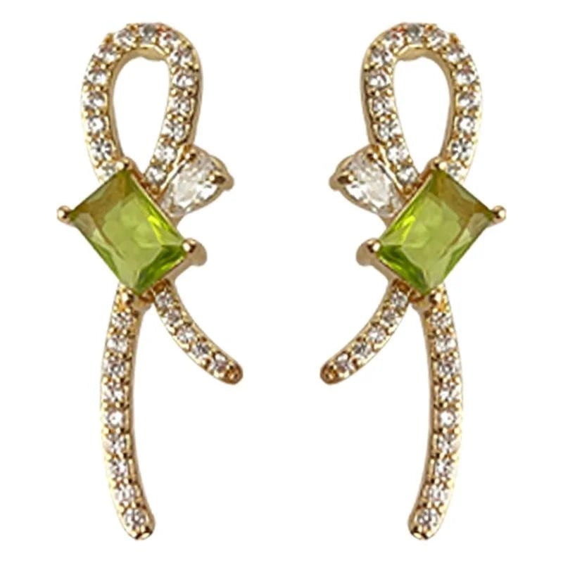 Original Design Green Bow Geometric Micro Pave Zircon 14K Plated Copper Drop Earrings