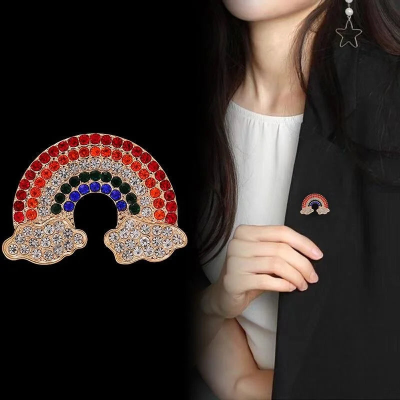 Cute Japanese Style Rainbow Cloud Rhinestone Alloy Brooch, Elegant Lapel Pin Corsage For Suit Coat Gift