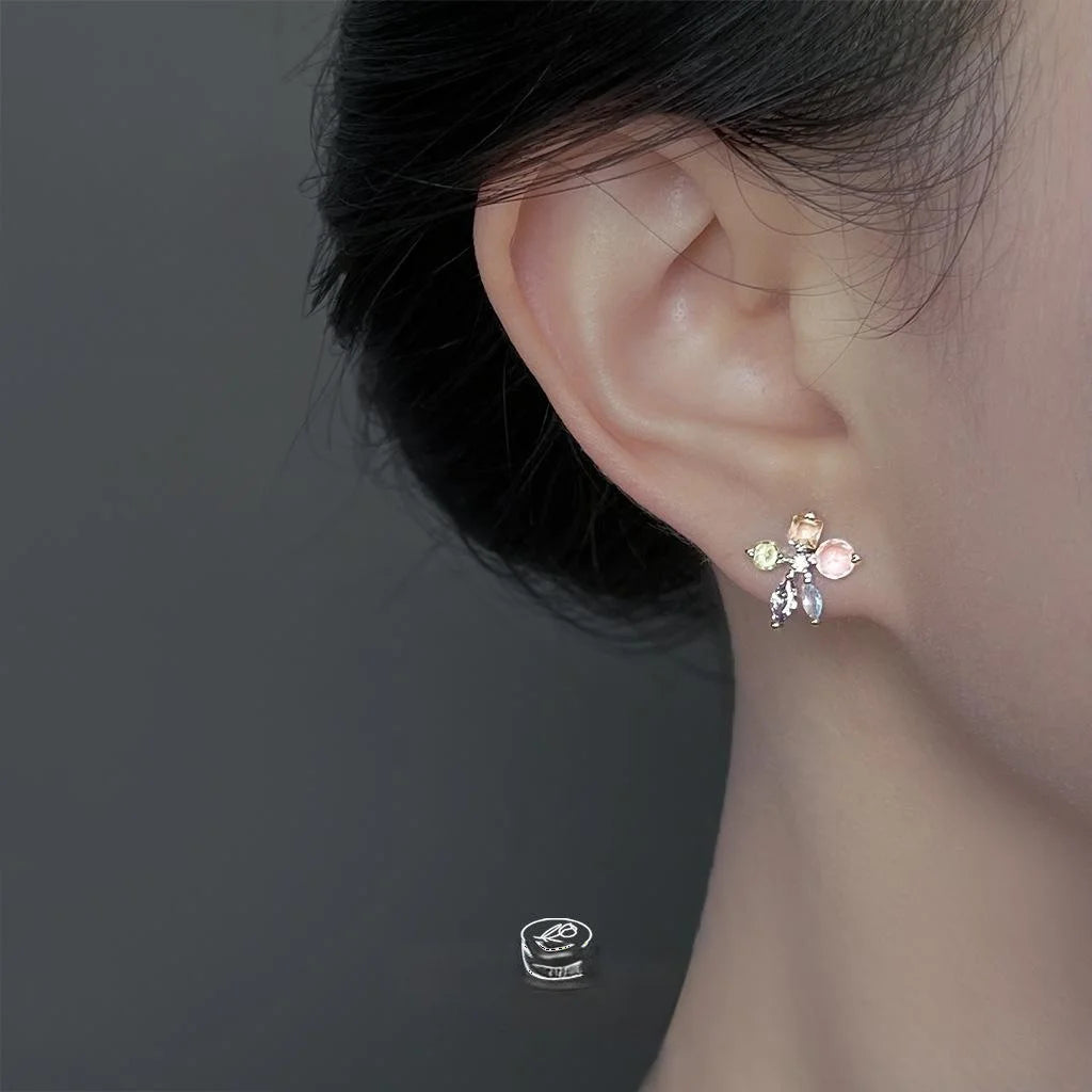 Colorful Micro Pave Zircon Flower Stud Earrings Copper Sweet Summer Jewelry