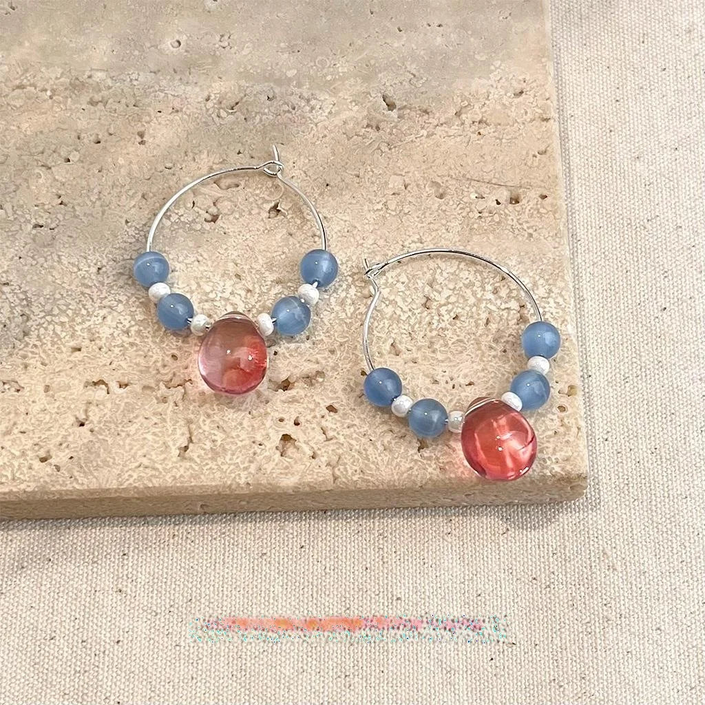 Blue Ocean Glass Glaze Cat Eye Stone Round Geometric Sweet Vacation Drop Earrings