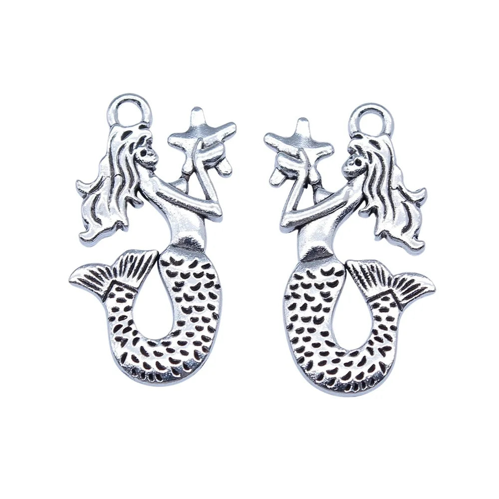 14x28mm 2.3g Antique Silver Zinc Alloy Mermaid Holding Star Charm Pendant for DIY Jewelry Making