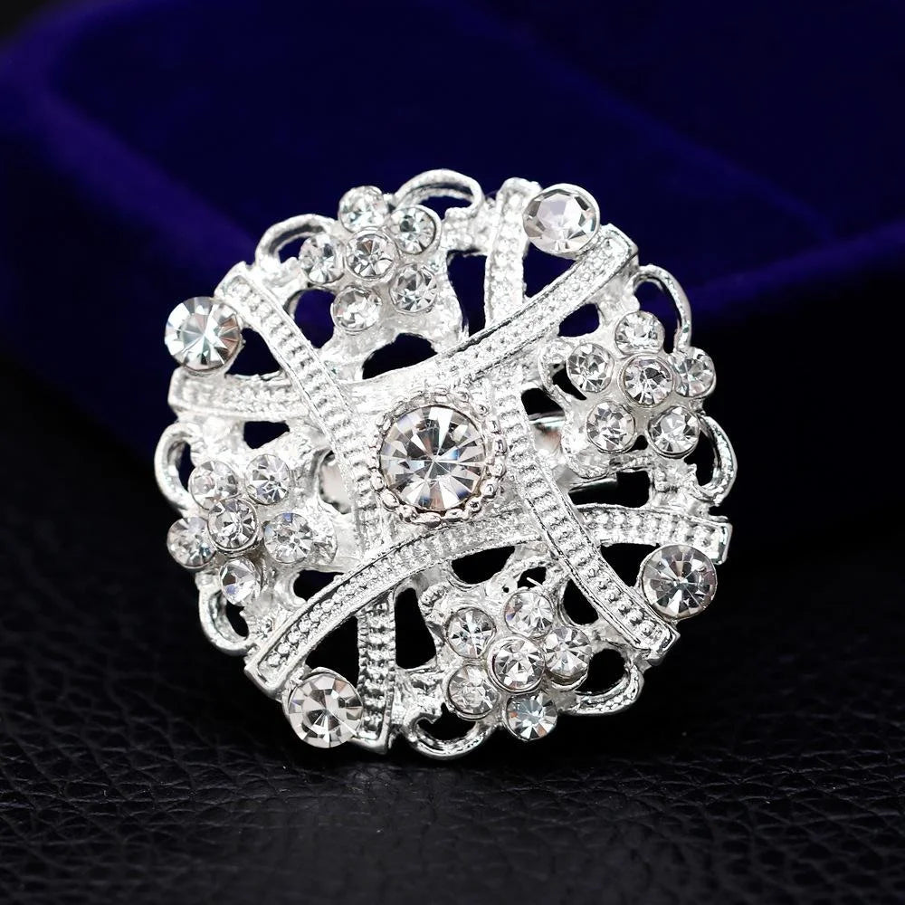 Elegant Hollow Silver Alloy Rhinestone Floral Brooch For Women Sparkling Lapel Pin Corsage Suit Accessory Gift