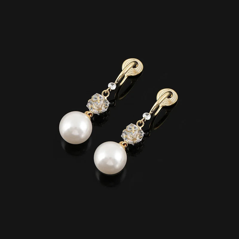 Elegant Swirl Hoop Crystal Rhinestone Pearl Drop Stud & Clip On No Piercing Long Dangle Earrings