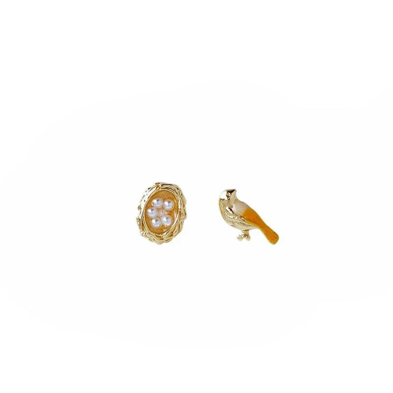 14K Gold Plated Alloy Bird Nest And Bird Stud Earrings Cute Korean Pastoral Style