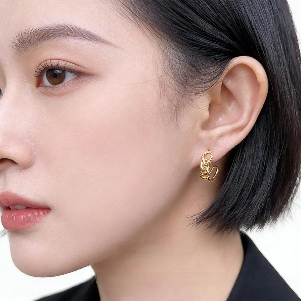Gold Copper C Shape Hoop Earrings Minimalist Hollow Wide Chain Geometric Old Money Jewelry