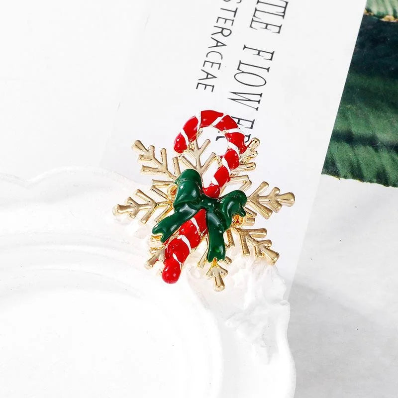 Cute Christmas Candy Cane Snowflake Bow Enamel Alloy Brooch, Festive Lapel Pin Corsage Gift