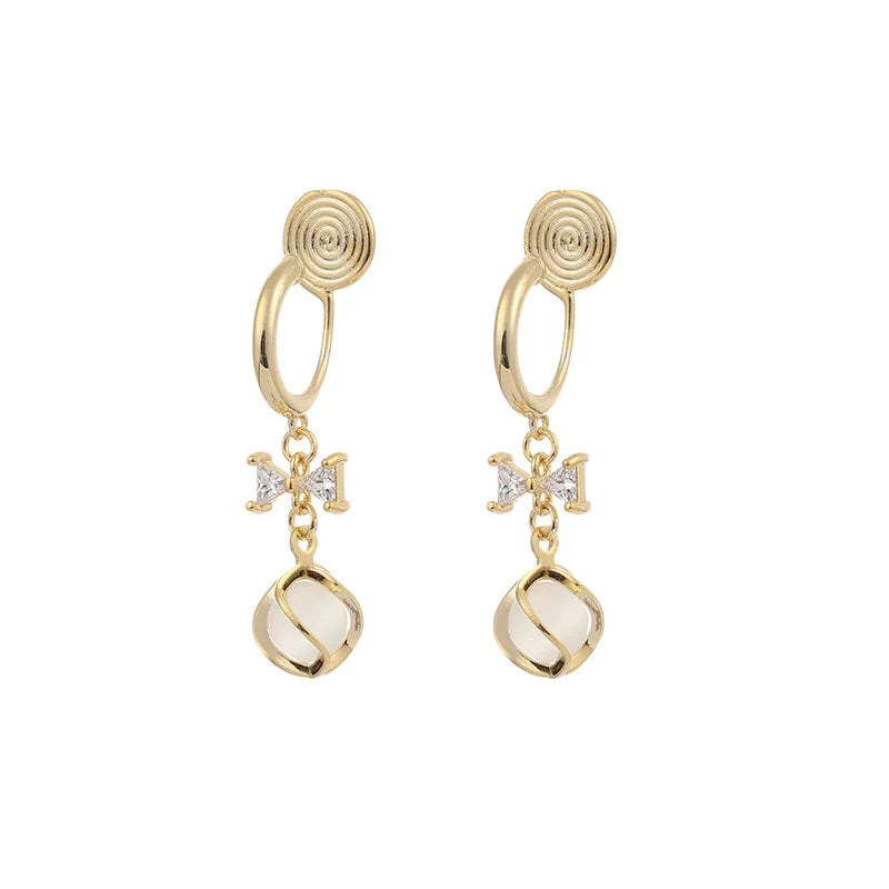 Elegant Cat Eye Stone Spiral Disc Bow Alloy Zircon Stud & Clip On No Piercing Dangle Earrings
