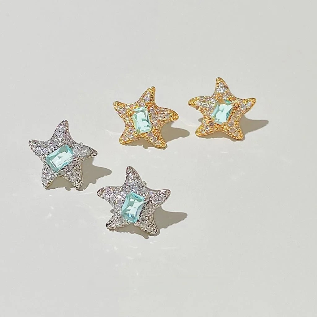 14K Gold Plated Copper Zircon Starfish Stud Earrings, Light Luxury Geometric Jewelry