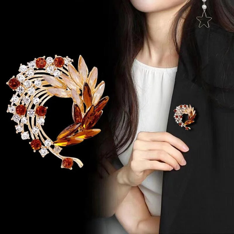 Luxury Blue Crystal Feather Flower Brooch With Rhinestones, Elegant Women's Lapel Pin Suit Accessory Gift
