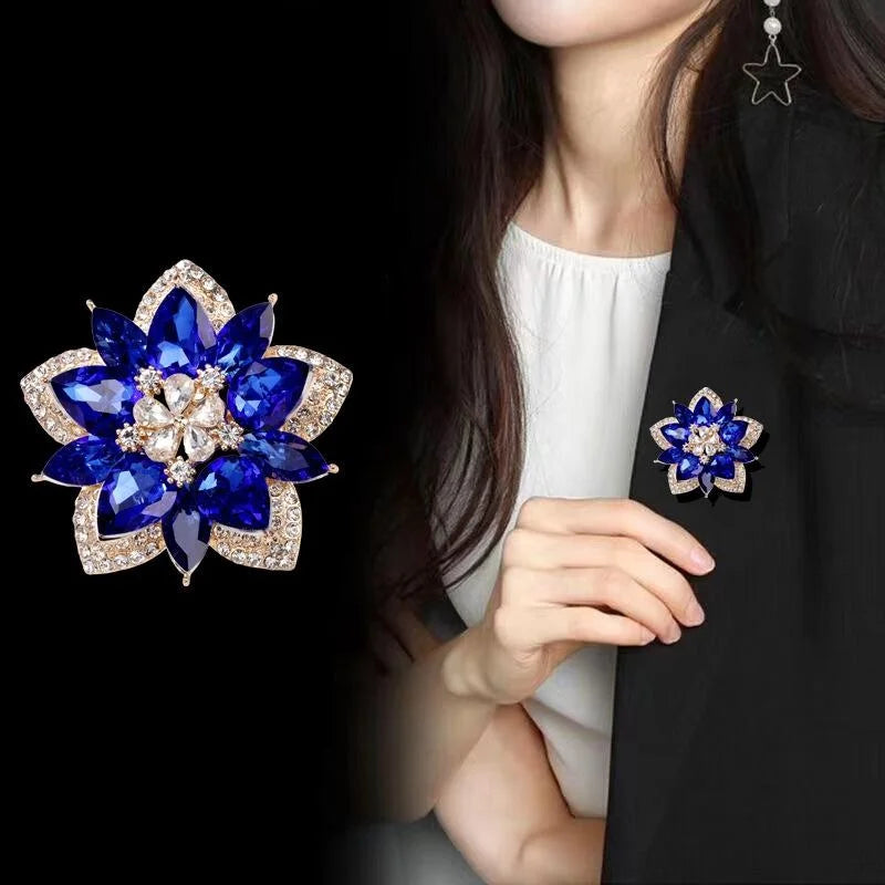 Elegant Blue Glass Crystal Flower Brooch With Rhinestone Petals, Luxury Lapel Pin Corsage For Suits