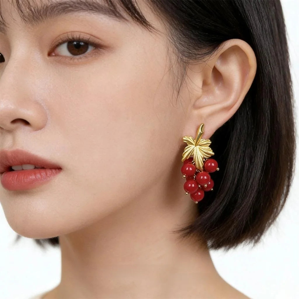 Ankora Style Red Grape Cluster Tassel Drop Earrings Handmade Copper Resin
