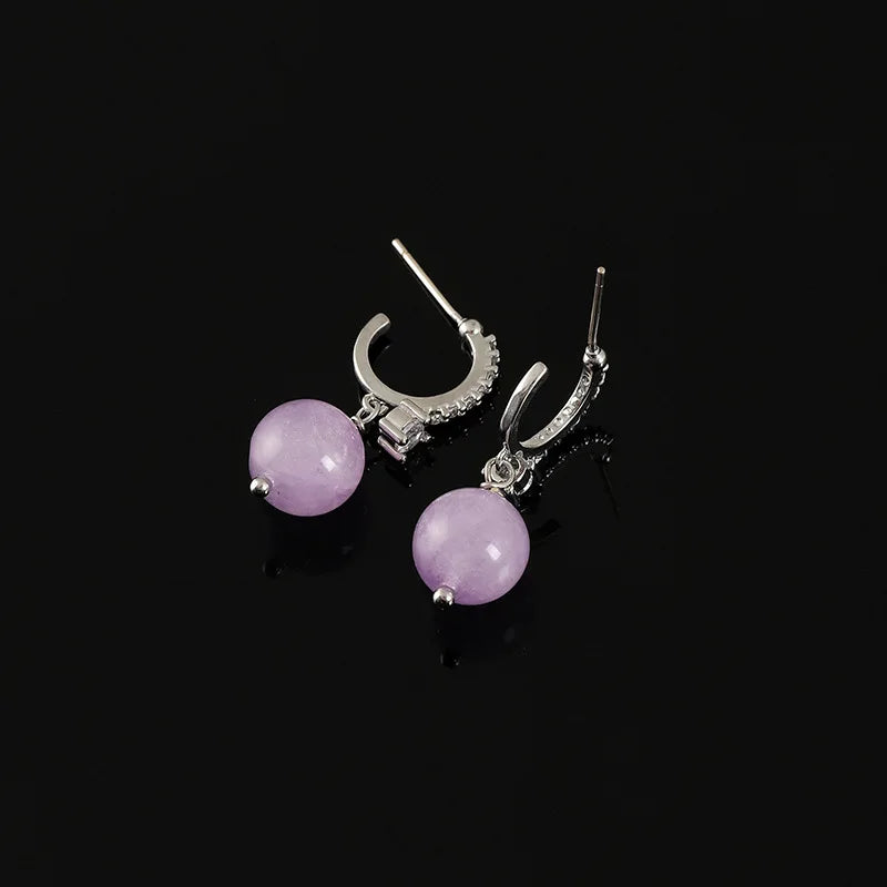 Elegant Purple Amethyst Round Bead Drop Alloy Zircon Stud & Clip On No Piercing Dangle Earrings