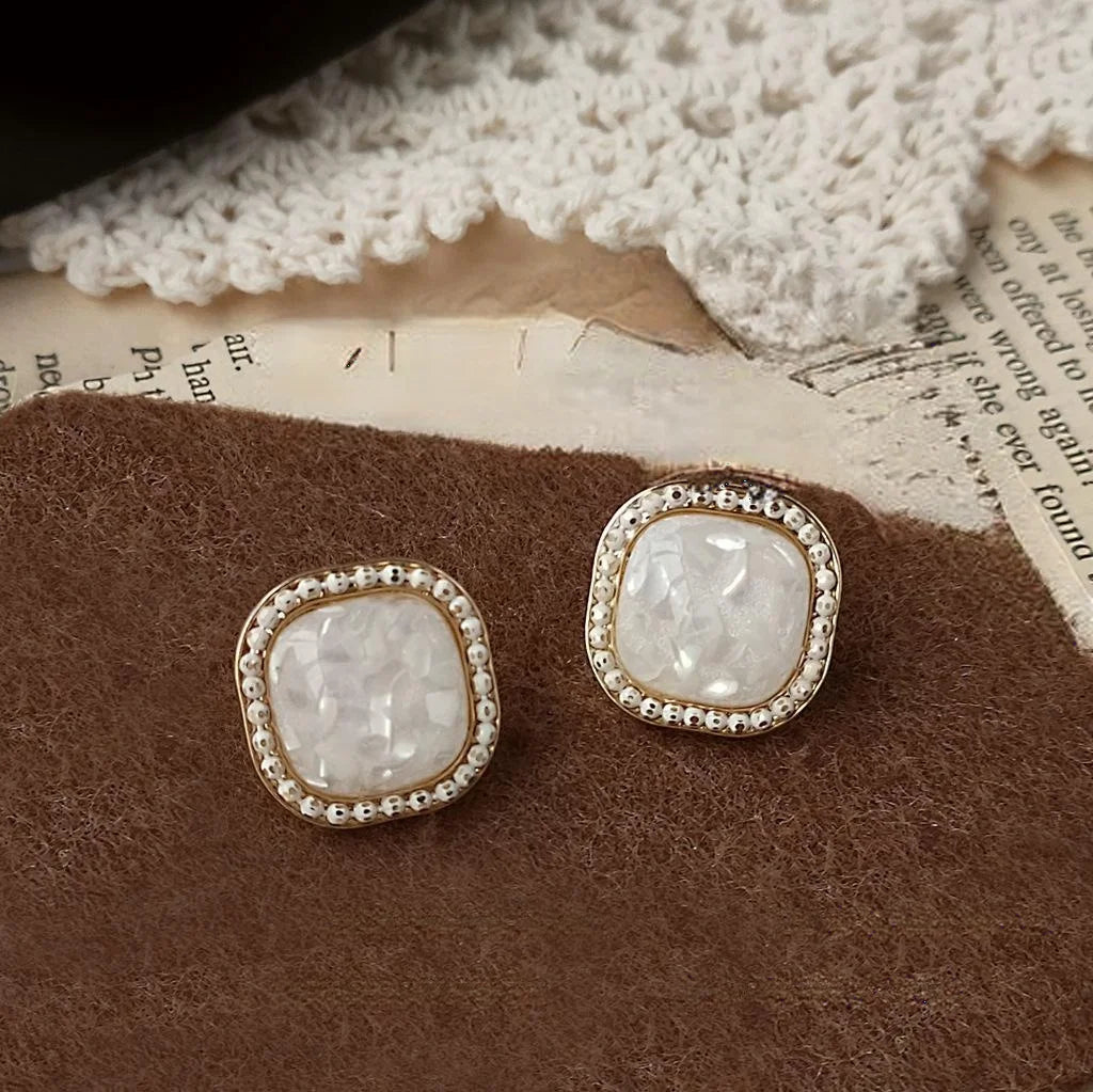 Vintage 14K Gold Plated Copper White Shell Geometric Square Drop Earrings For Women