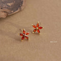 Minimalist Red Zircon Flower Star Stud Earrings Copper Fashion Jewelry