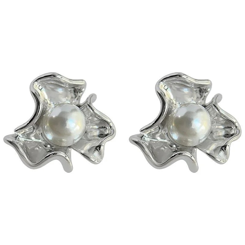 Light Luxury Copper High Luster Pearl Stud Earrings Irregular Floral Geometric Ruffle Design