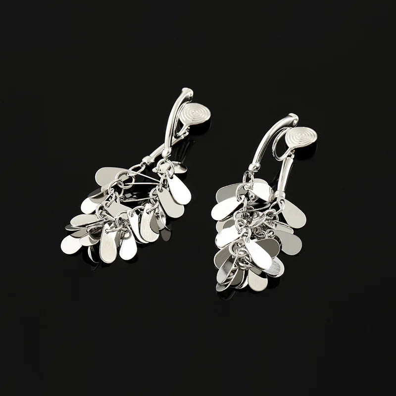 Luxury Wheat Tassel Alloy Sequin Hoop Stud & Clip On No Piercing Face Slimming Drop Earrings