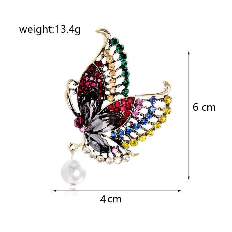 Elegant Green Rhinestone Butterfly Brooch With Faux Pearl Dangle, Alloy Lapel Pin Corsage Gift