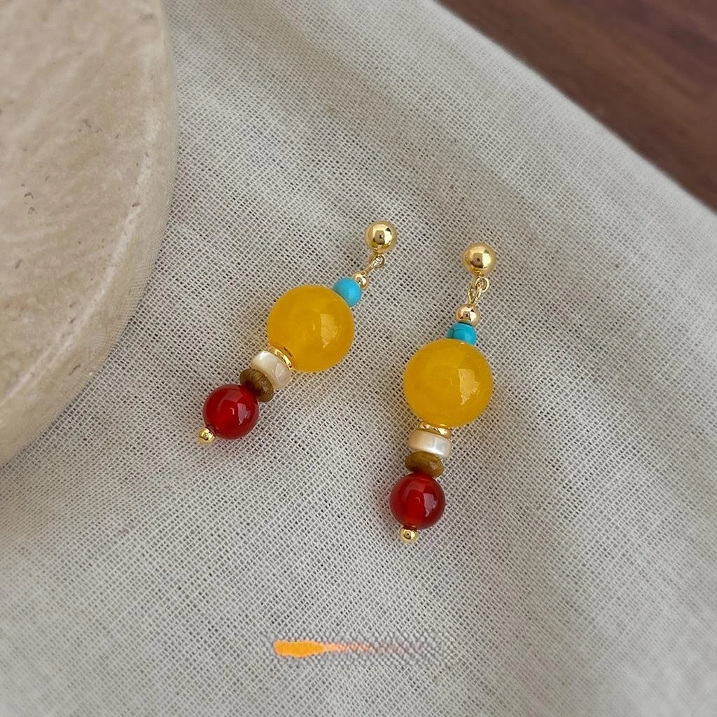 Ethnic Style Copper Red Agate Topaz Geometric Tassel Drop Earrings