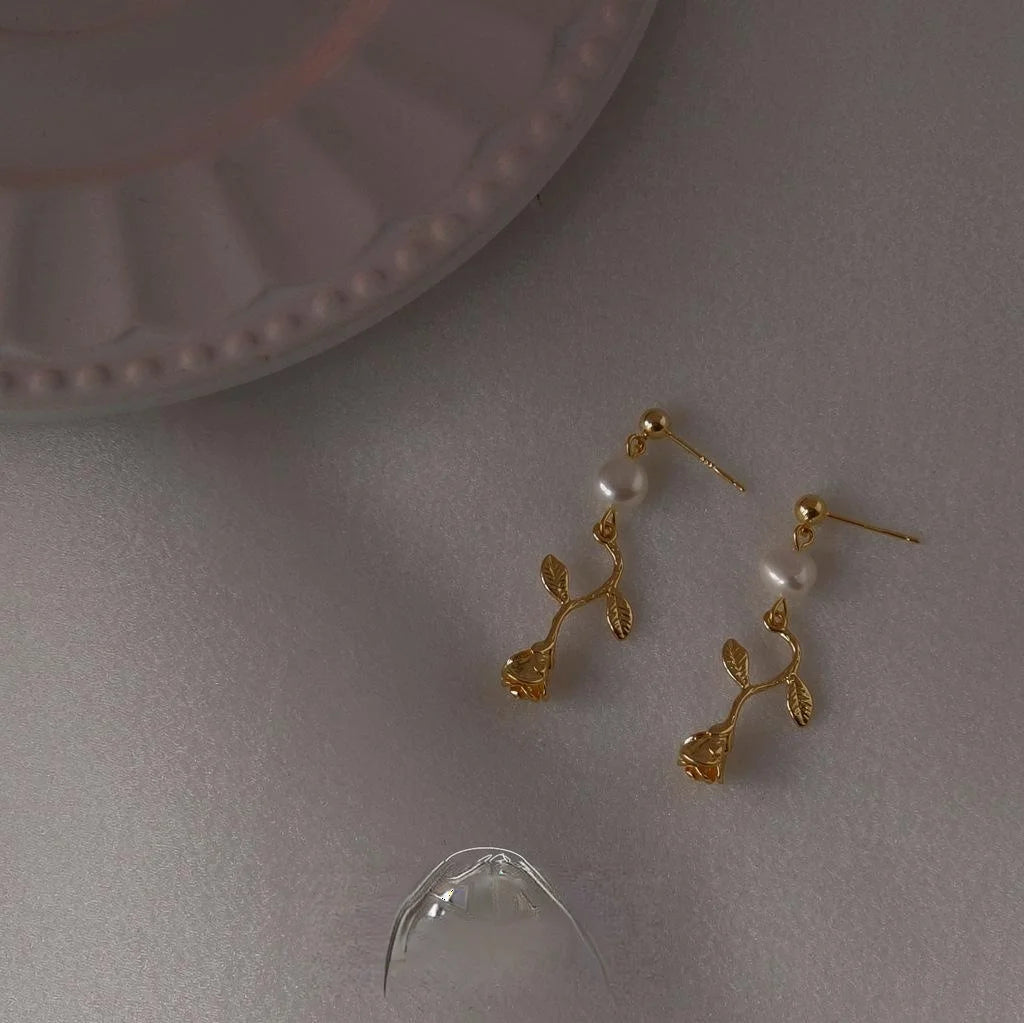 Handmade Freshwater Pearl Rose Stud Earrings, Minimalist Floral Geometric Jewelry