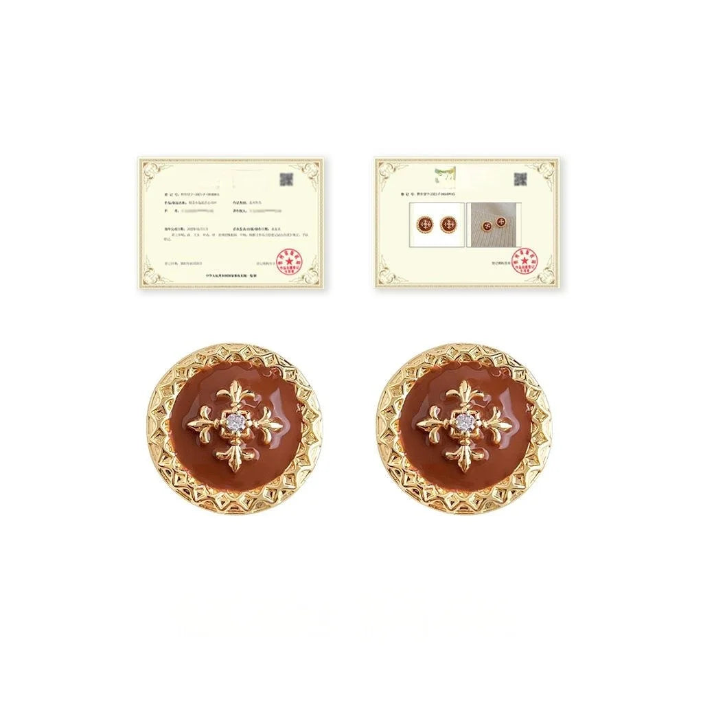 Copper Iris Flower Enamel Drip Glaze Geometric Button Stud Earrings With Zircon