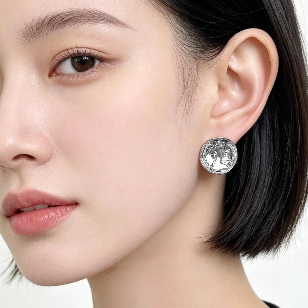 Sweet Cool Eco-Friendly Copper Curved Silver Coin Stud Earrings, Minimalist Geometric Round Design