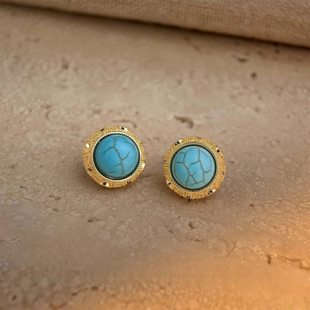 Vintage French Minimalist Synthetic Turquoise Round Geometric Copper Stud Earrings