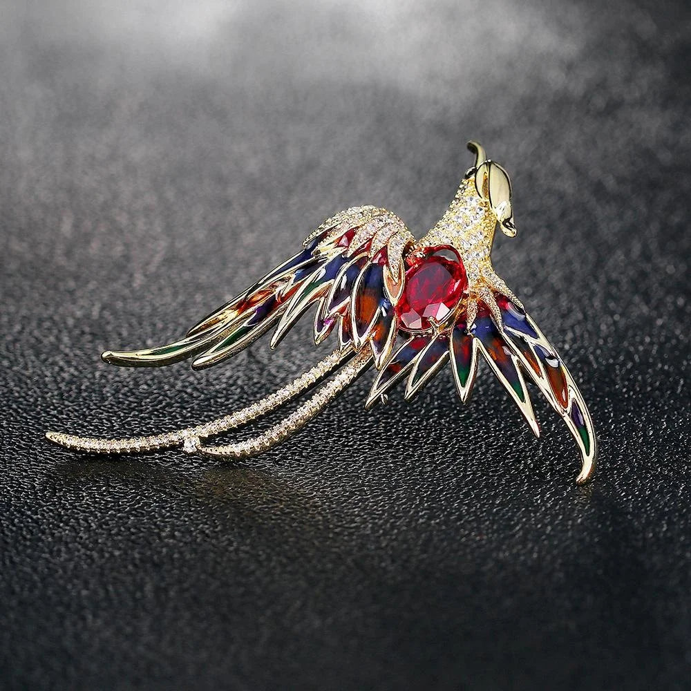 Elegant Enamel Phoenix Bird Brooch With Rhinestone Alloy Wings, Women's Lapel Pin Corsage Gift
