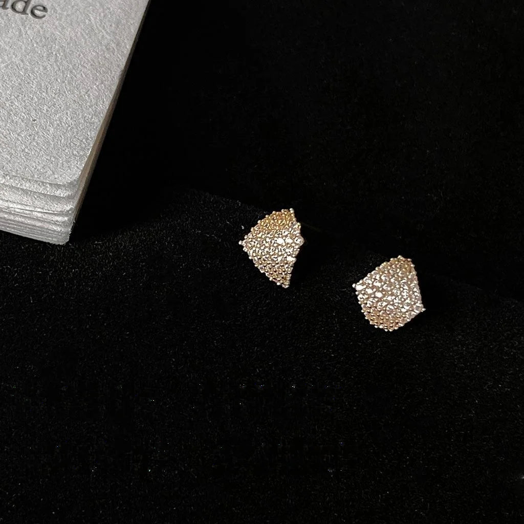 Light Luxury Curved Geometric Micro Pave Zircon Stud Earrings, Rhombus Evening Jewelry For Women