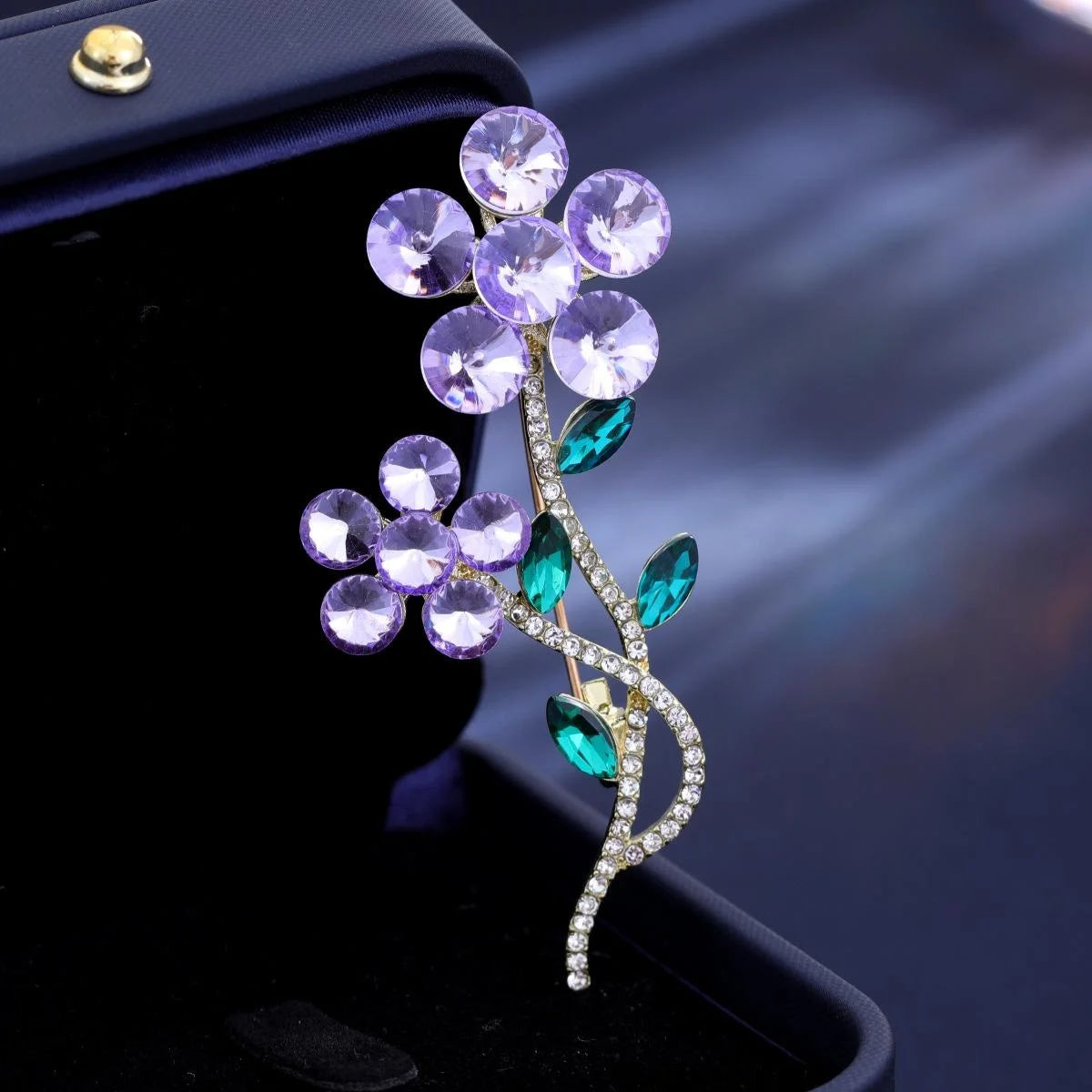Elegant Purple Crystal Flower Brooch With Rhinestone Stem, Green Leaf Lapel Pin Corsage Gift