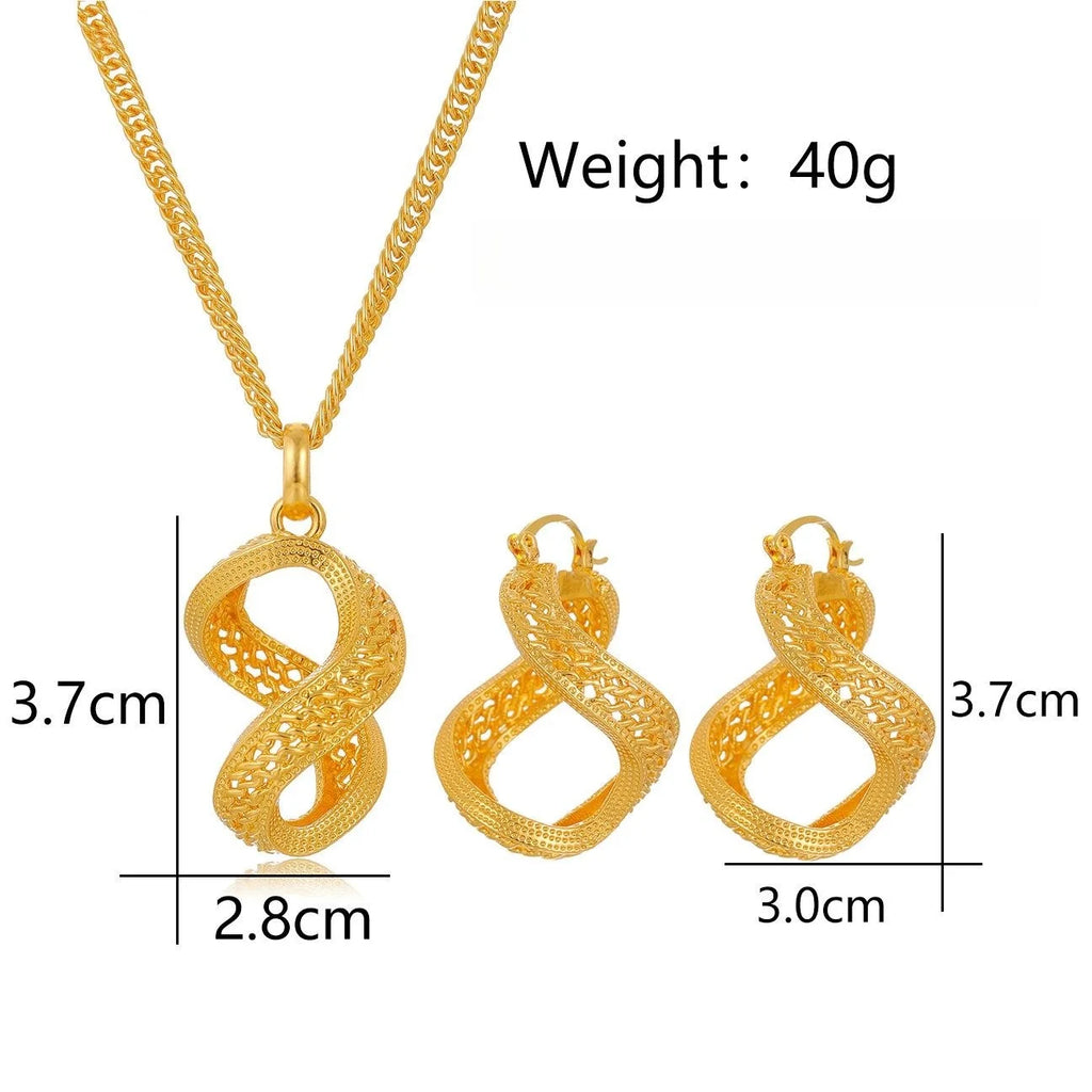 Luxury 24K Gold Plated Alloy Infinity Pendant Necklace And Earrings Jewelry Set For Bridal Wedding Party