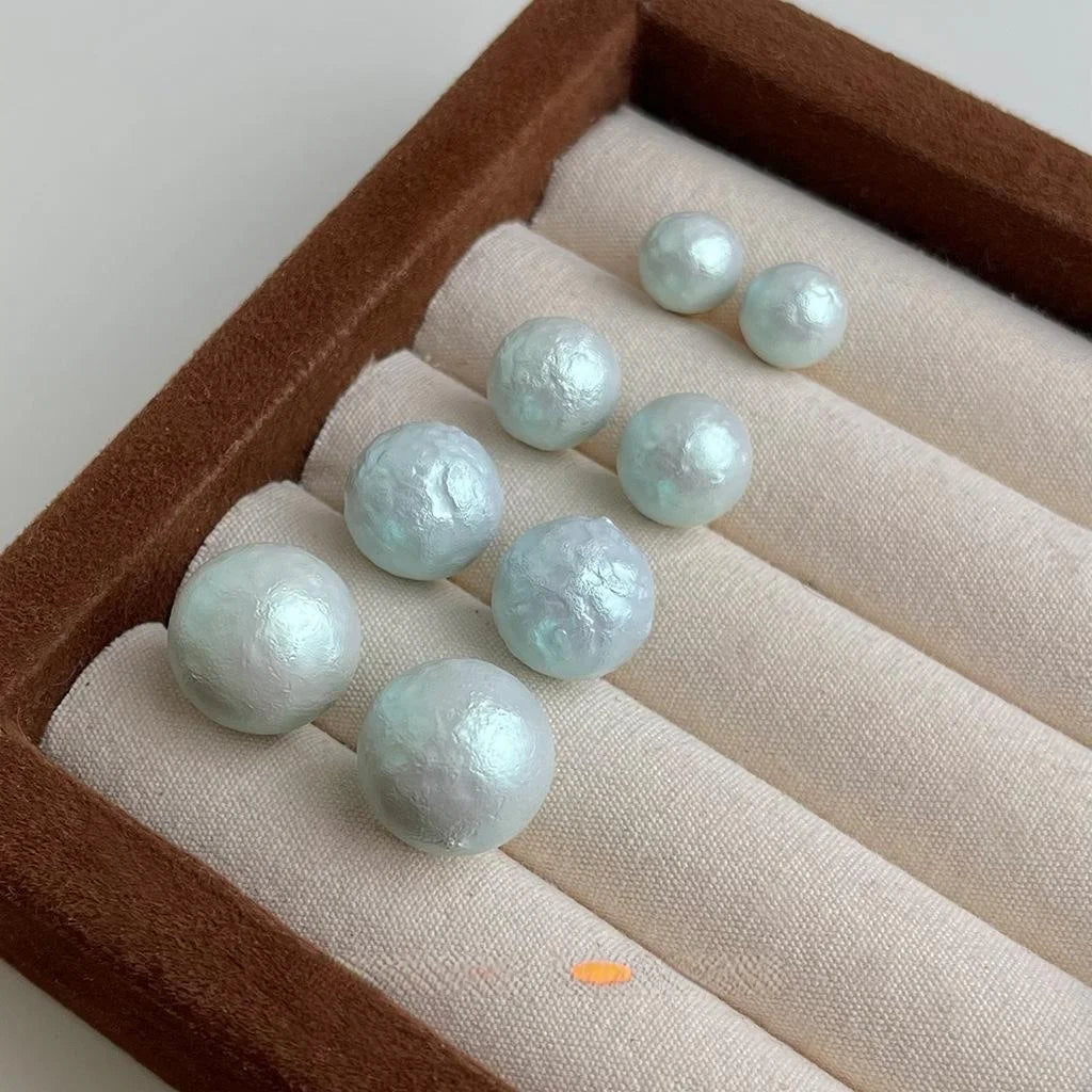 Lime Cream Snowflake Pearl Stud Earrings Round Geometric Minimalist Elegant Textured Jewelry