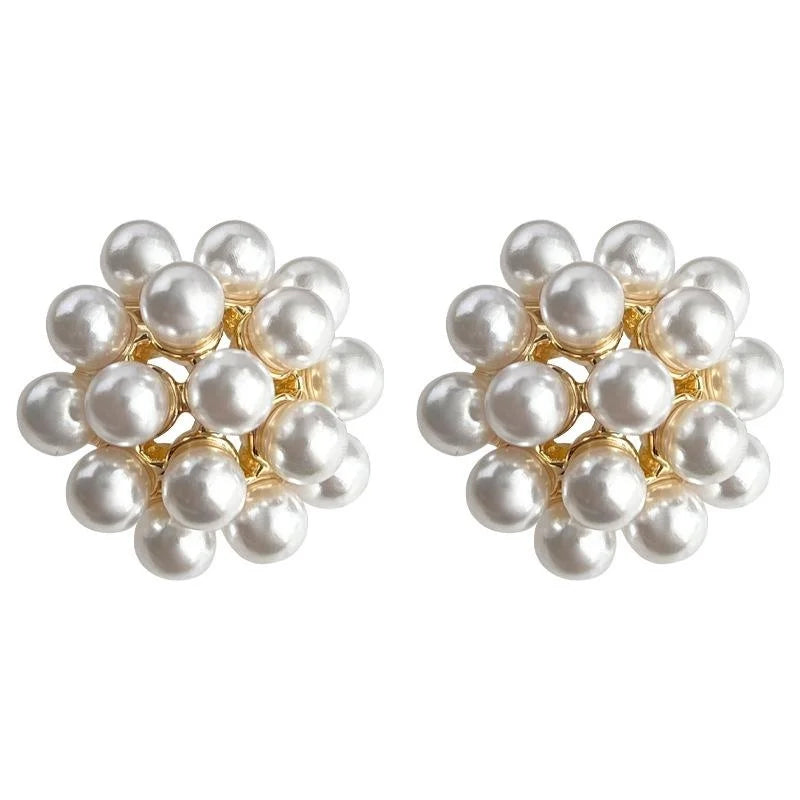 14K Gold Plated Copper Pearl Flower Stud Earrings Light Luxury Geometric Commuter Jewelry
