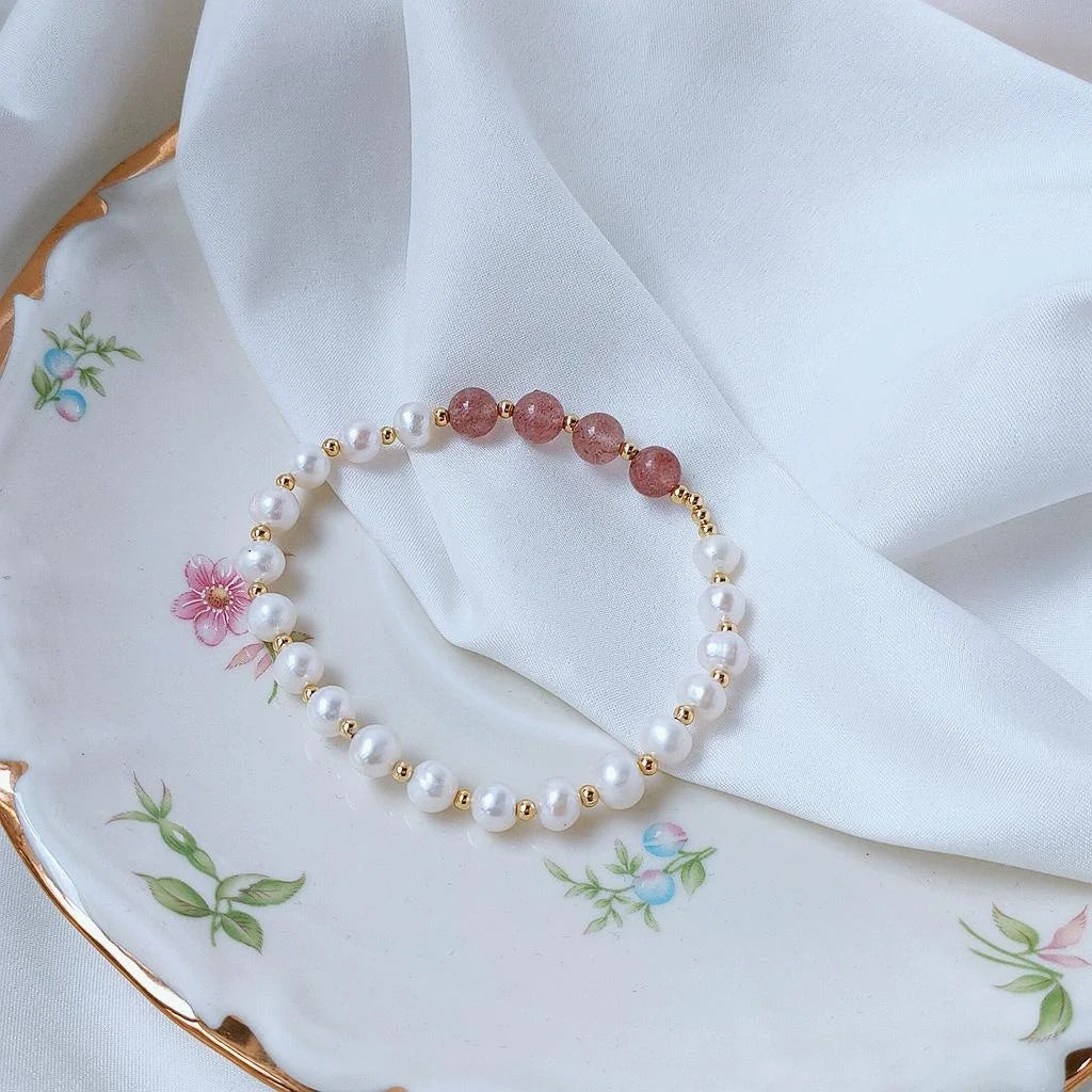 Korean Style Natural Freshwater Pearl Strawberry Quartz Geometric Ring Adjustable Bracelet