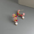 Original Design Floral Enamel Painted Copper Freshwater Pearl Pastoral Drop Earrings for Women