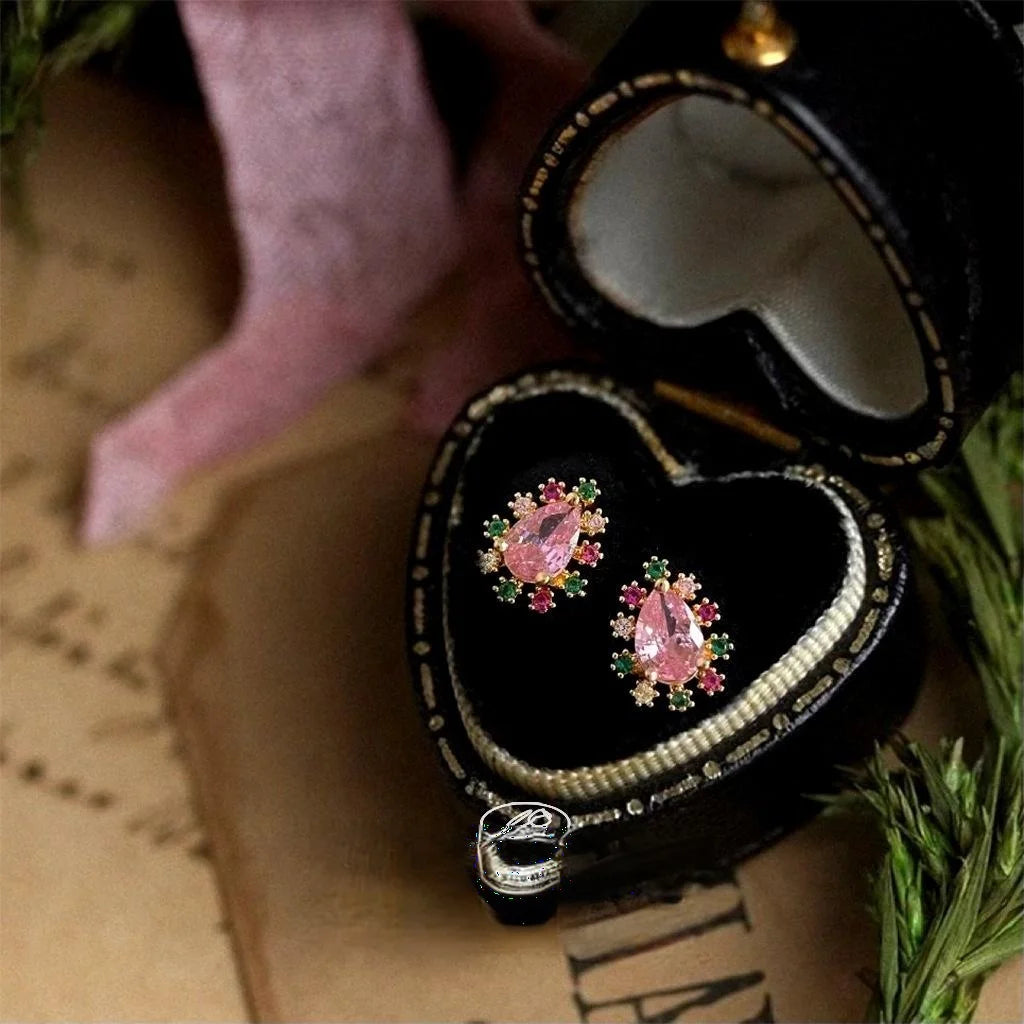 Sweet Colorful Micro Pave Zircon Waterdrop Stud Earrings, Copper Floral Teardrop Design