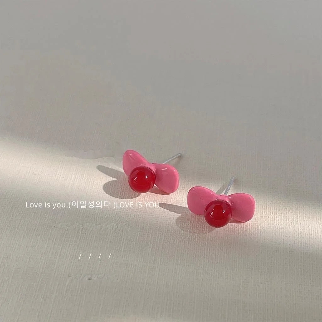 Cute Pink Enamel Bow Stud Earrings Silver Plated Pin Metal Sweet Jewelry