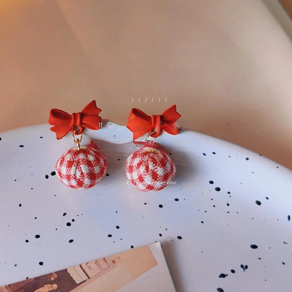 Japanese Korean Sweet Red Bow Plaid Pom Pom Stud Earrings With Silver Plated Pins