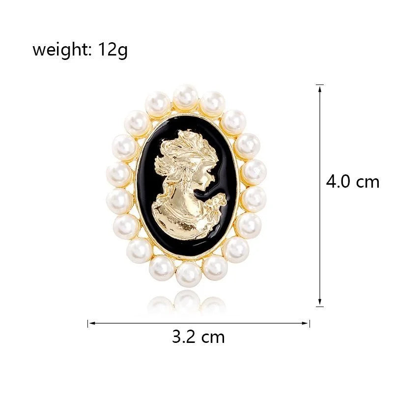 Vintage Baroque Lady Cameo Brooch With Faux Pearl And Enamel Frame, Elegant Lapel Pin Suit Accessory Gift