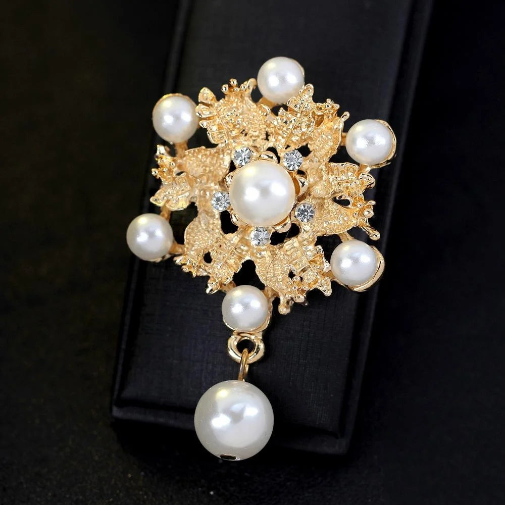 Elegant Alloy Pearl Flower Brooch With Rhinestone Accents And Dangle Pearl Lapel Pin Suit Accessory Gift