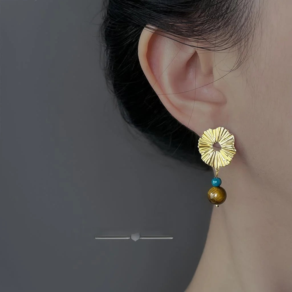 Vintage Natural Tiger Eye Stone Seed Bead Geometric Hoop Drop Earrings For Women