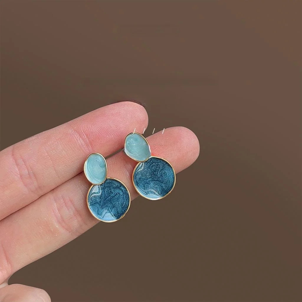 French Elegant Haze Blue Gradient Enamel Copper Geometric Round Oval Stud Earrings