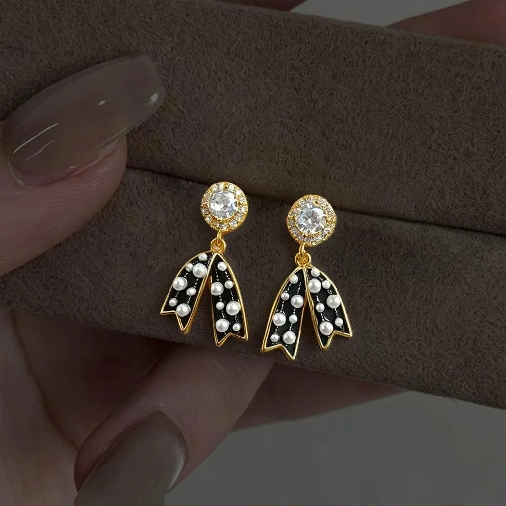 Cute Black Enamel Polka Dot Bow Drop Earrings Copper Micro Pave Zircon Fashion Jewelry