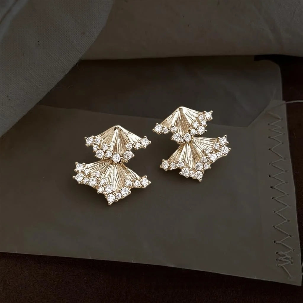 Champagne Gold Micro Pave Zircon Geometric Ginkgo Leaf Tassel Drop Earrings Eco Copper