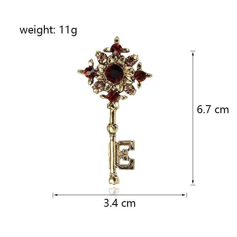 Vintage Gold Alloy Key Brooch With Red Rhinestone Flower, Elegant Women's Lapel Pin Suit Accessory Gift