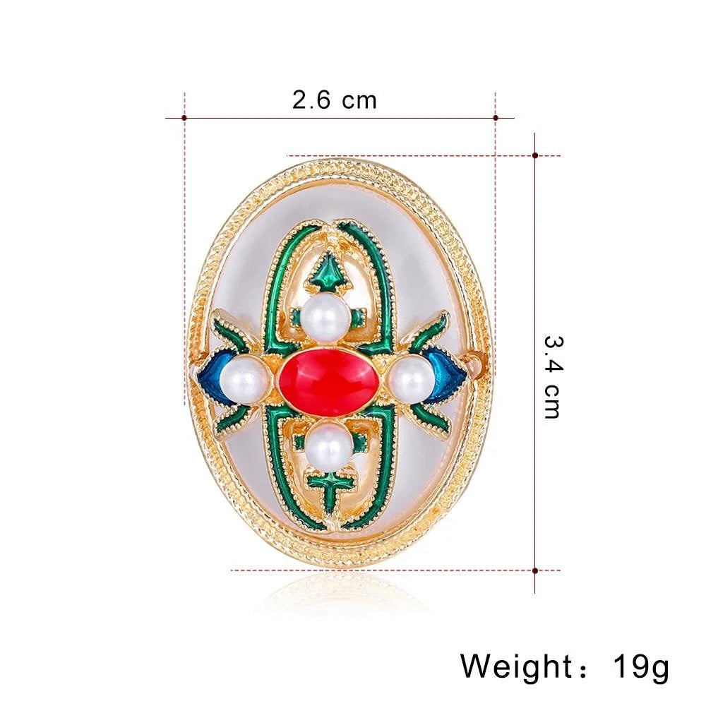 Vintage Baroque Pearl Enamel Oval Brooch With Rhinestone Trim, Elegant Women's Lapel Pin Qipao Suit Gift