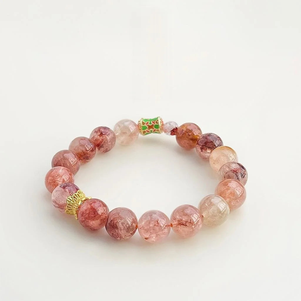 Natural Red Garden Quartz Crystal Beaded Bracelet Light Luxury Geometric Round Stone Jewelry